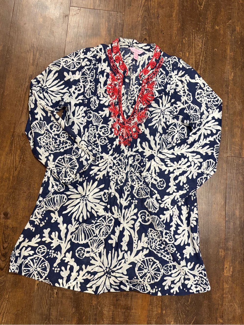 Lilly Pulitzer Navy & White Printed Tunic with Red Embellished V-Neckline